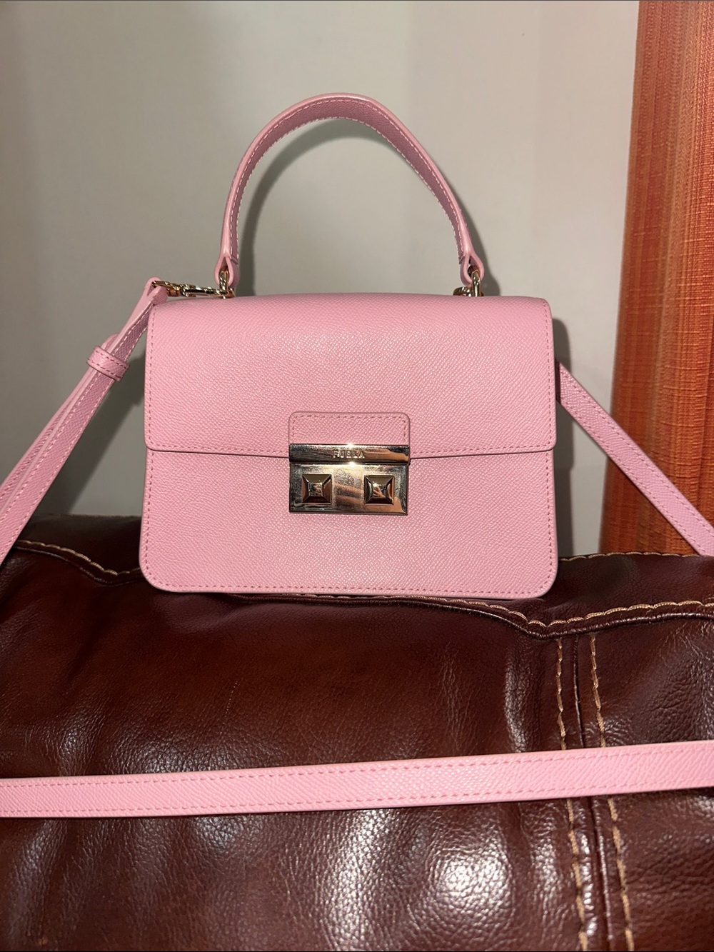 🔥🔥🔥Furla Bella Top Handle Pink Leather Satchel Crossbody Bag